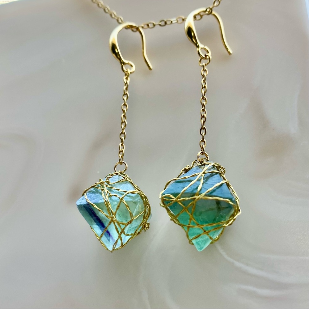 Green and Blue Fluorite Octahedron Dangle Earrings E35
